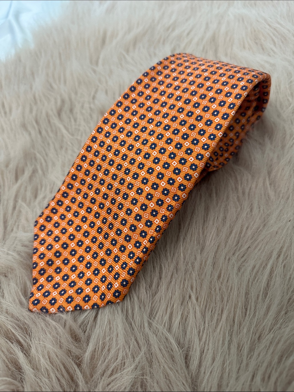 Kiton Orange Silk Tie with Navy Micro Medallions